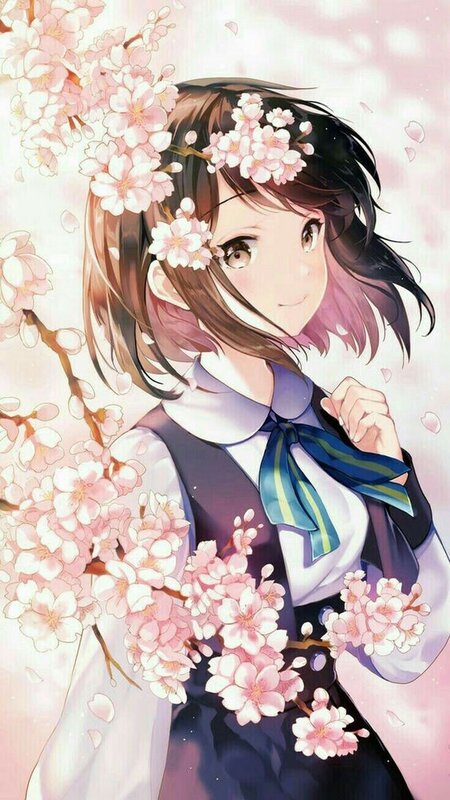 Anime Girl with Cherry Blossoms — Pink, Serene, Spring, Cherry Blossoms, School Uniform, Flower Crown