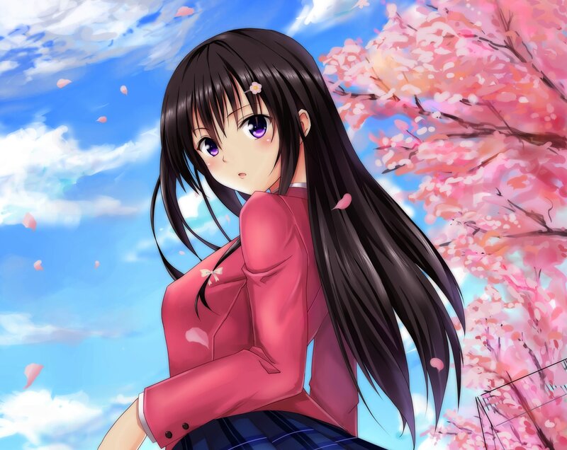 Anime Girl with Cherry Blossoms — Pink, Serene, Spring, Cherry Blossoms, School Uniform, Sky