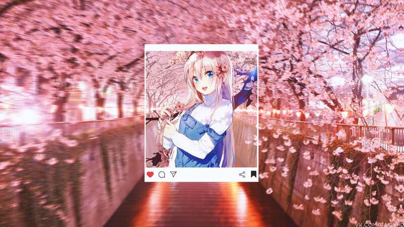 Anime Girl with Cherry Blossoms — Pink, Serene, Spring, Digital Art, Cherry Blossoms, Bridge