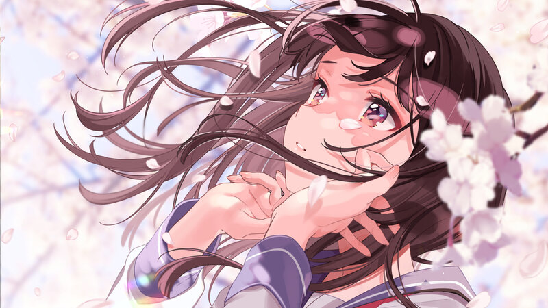 Anime Girl with Cherry Blossoms — Pink, Serene, Spring, Digital Art, Cherry Blossoms, Hair