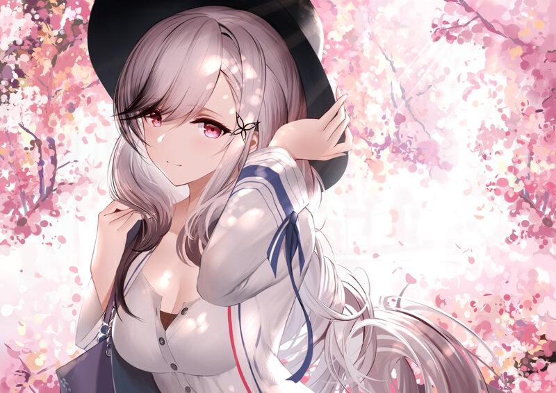 Anime Girl with Cherry Blossoms — Pink, Serene, Spring, Digital Art, Cherry Blossoms, Hat