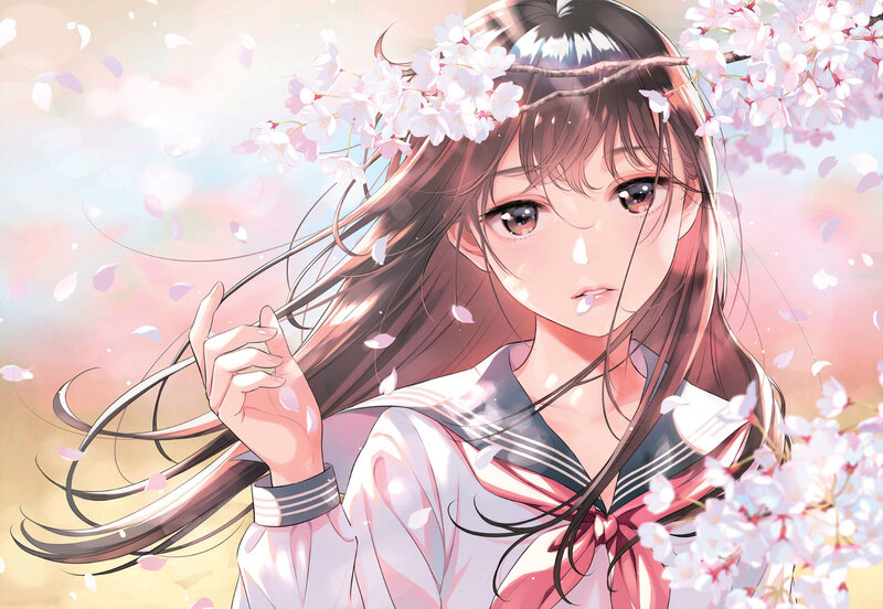 Anime Girl with Cherry Blossoms — Pink, Serene, Spring, Manga, Cherry Blossoms