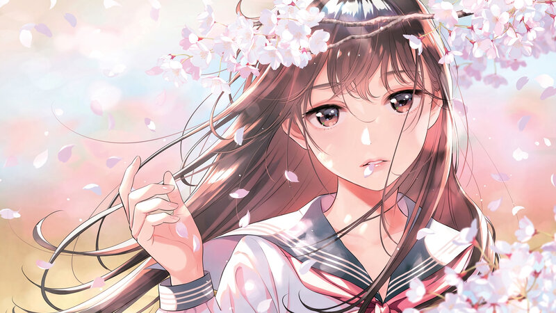 Anime Girl with Cherry Blossoms — Pink, Serene, Spring, Manga
