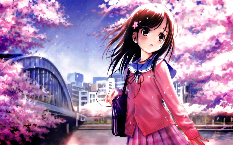 Anime Girl with Cherry Blossoms — Pink
