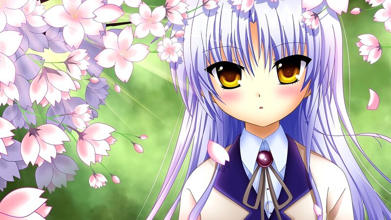 Anime Girl with Cherry Blossoms — Purple, Serene, Spring, Cherry Blossoms, School Uniform