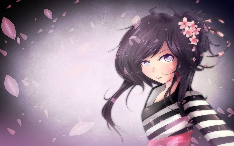 Anime Girl with Cherry Blossoms — Purple, Serene, Spring
