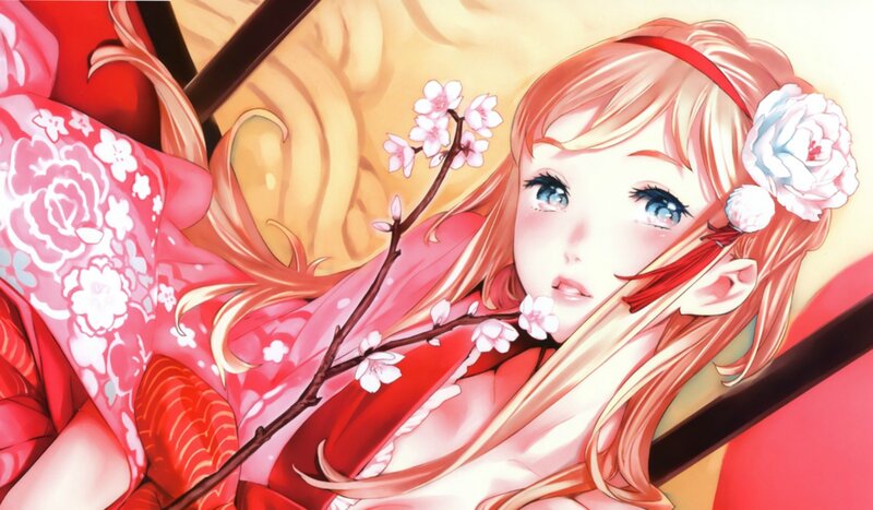 Anime Girl with Cherry Blossoms — Red