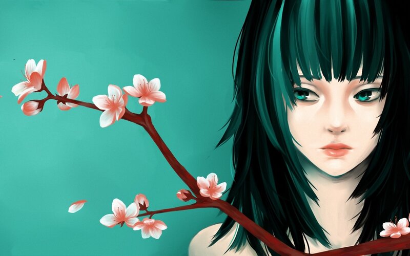Anime Girl with Cherry Blossoms — Teal