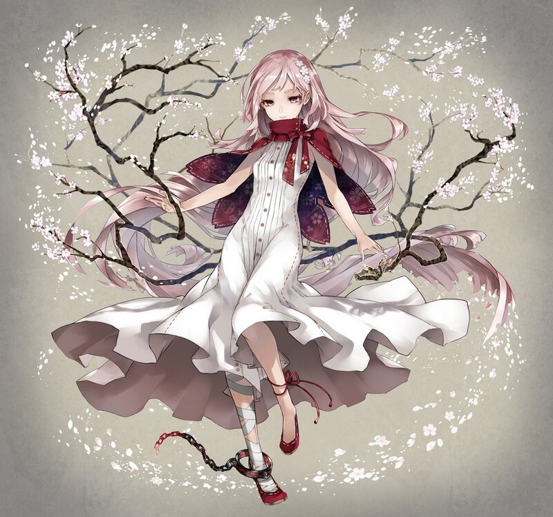 Anime Girl with Cherry Blossoms — White, Serene, Spring, Digital Art, Cherry Blossoms, Branches