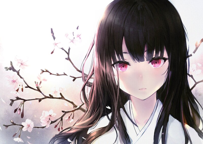 Anime Girl with Cherry Blossoms — White, Serene, Spring, Digital Art, Cherry Blossoms, Kimono