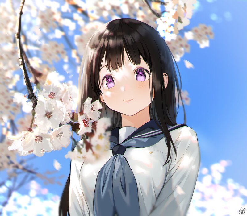 Anime Girl with Cherry Blossoms — White, Serene, Spring, Digital Art, Cherry Blossoms, School Uniform