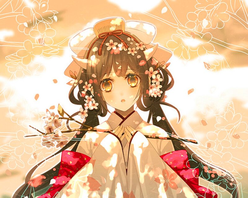 Anime Girl with Cherry Blossoms — White, Serene, Spring, Digital Art, Cherry Blossoms