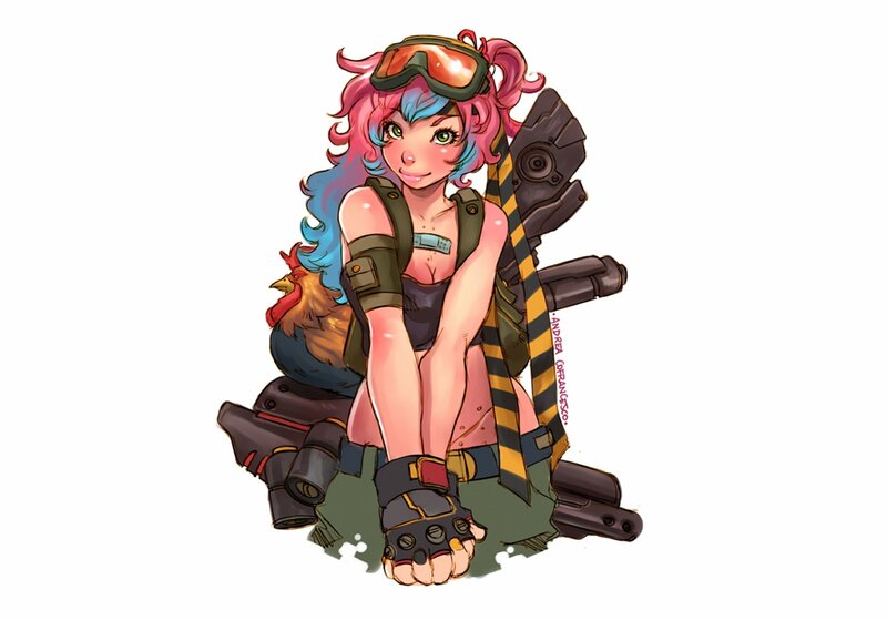 anime girl with chicken and weapon