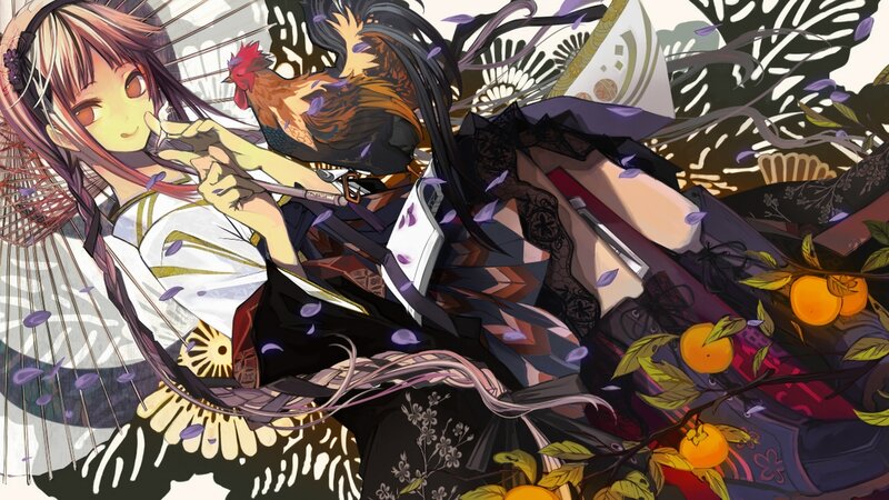 Anime Girl with Chicken — Black, Calm