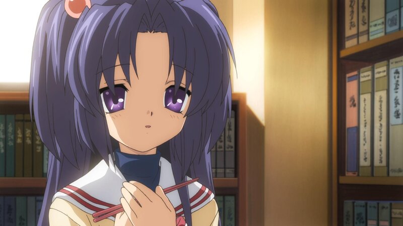 Anime Girl with Chopsticks — Purple, Calm, Bookshelf
