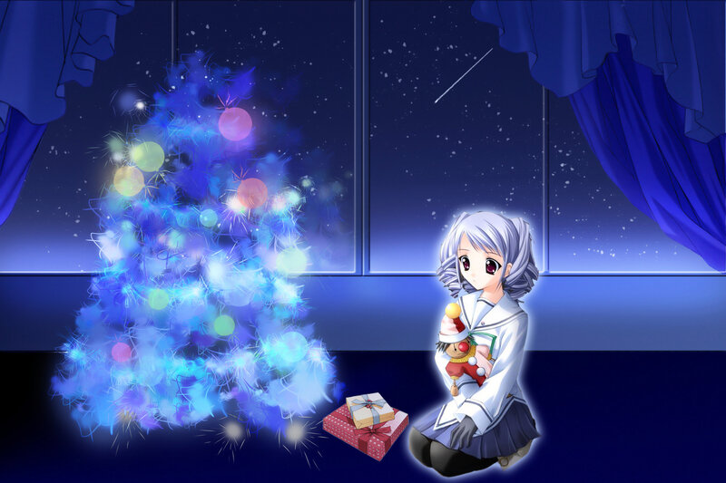 Anime Girl with Christmas Tree — Blue
