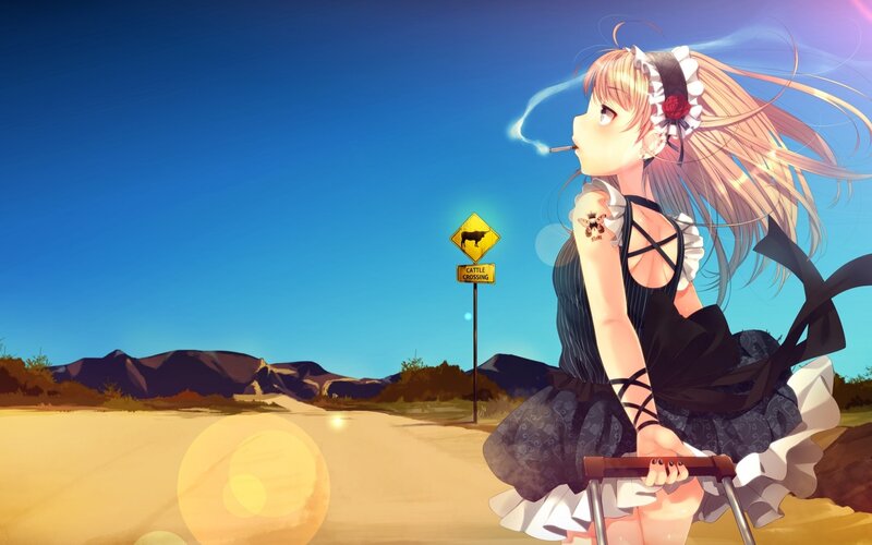 Anime Girl with Cigarette — Blue
