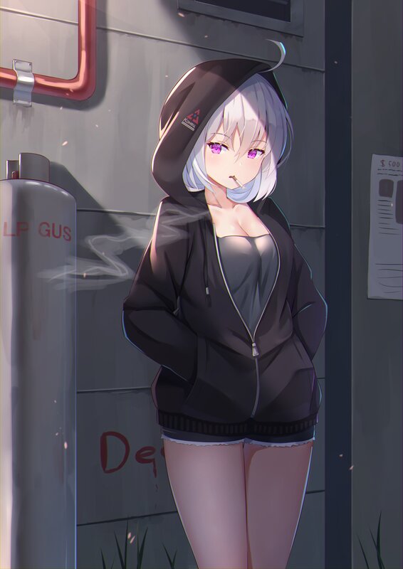 Anime Girl with Cigarette — Gray, Calm