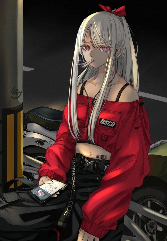 Anime Girl with Cigarette — Red, Dark