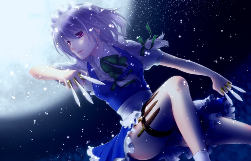 Anime Girl with Claws — Blue, Dramatic, Night, Digital Art, Dress, Moon