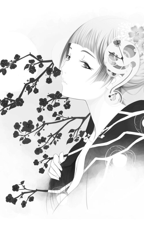 Anime girl with clock and flowers