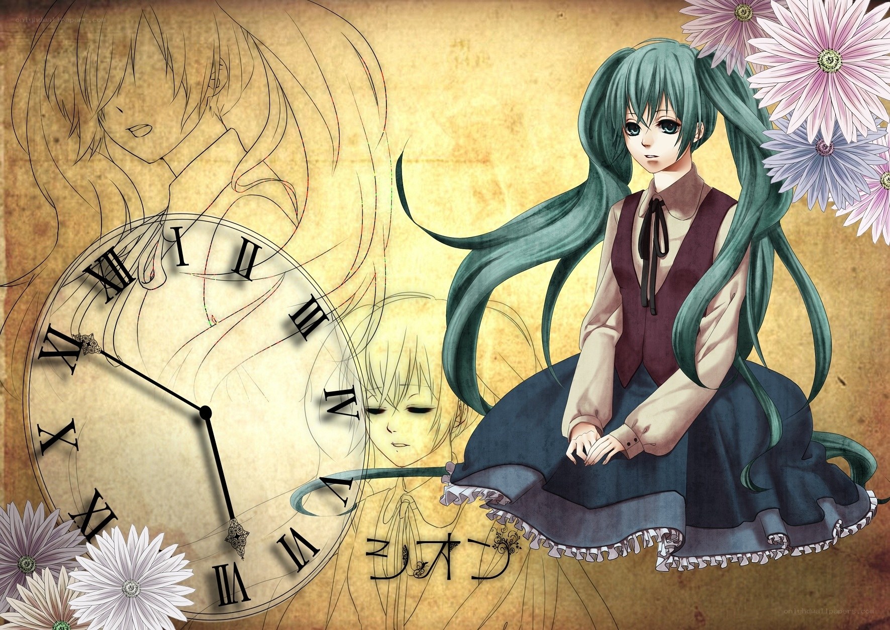 Anime girl with clock and flowers