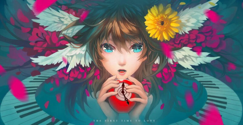 Anime Girl with Clock — Blue, Dreamy, Digital Art, Flowers