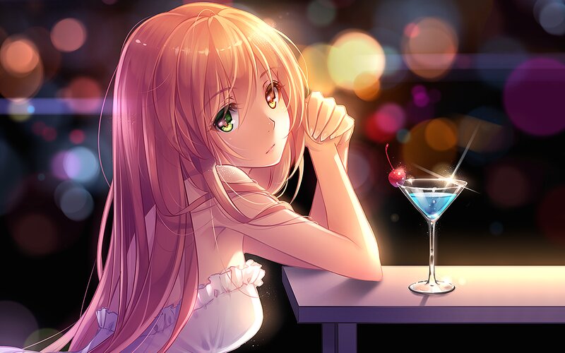 Anime Girl with Cocktail — Pink, Calm