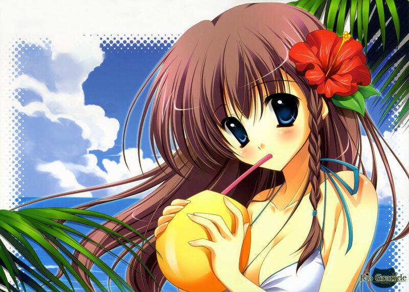 Anime girl with coconut drink
