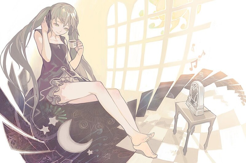 Anime girl with coffee and music