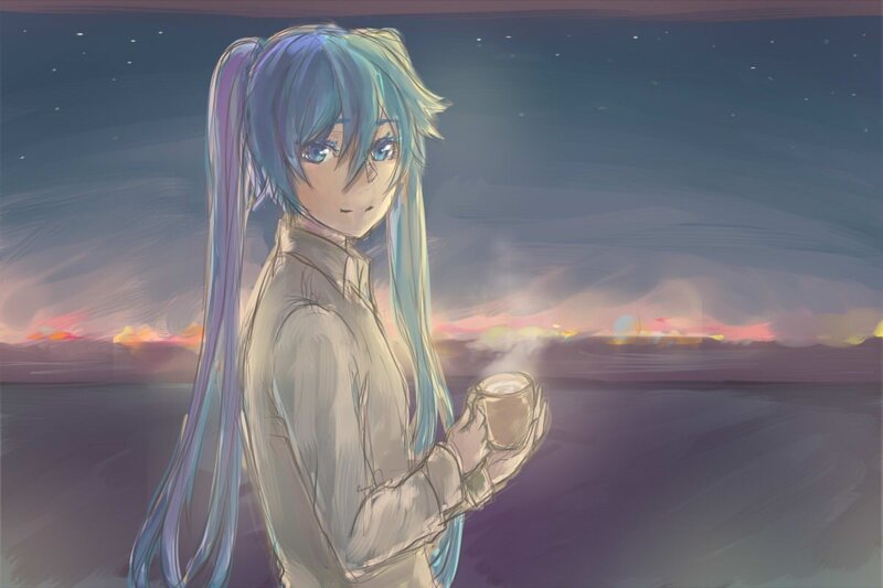 anime girl with coffee at dusk