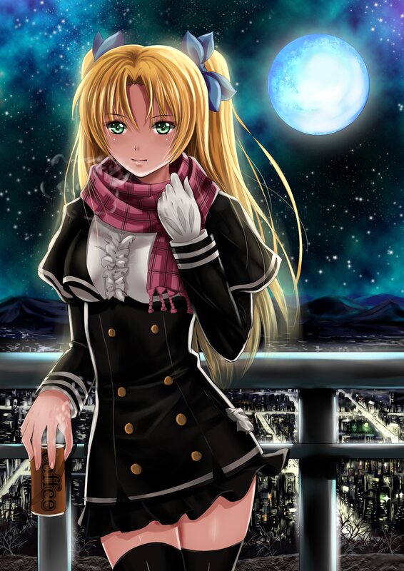 Anime girl with coffee at night
