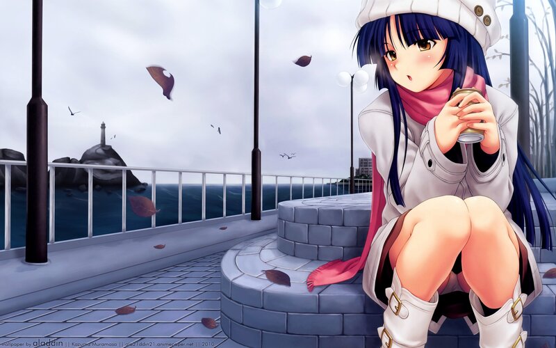 anime girl with coffee by sea