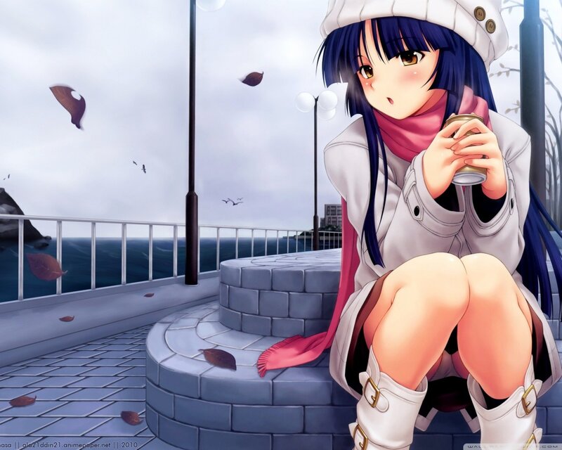 Anime girl with coffee by the sea