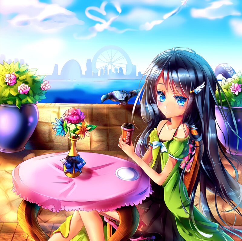 Anime Girl with Coffee — Green