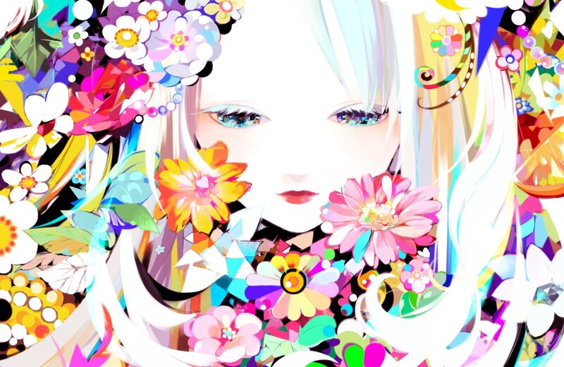 Anime girl with colorful flowers
