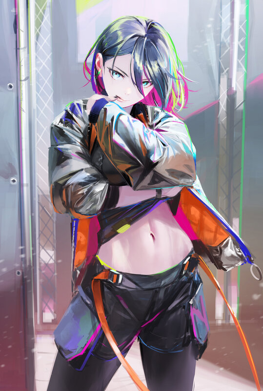 Anime Girl with Colorful Hair — Black, Confident
