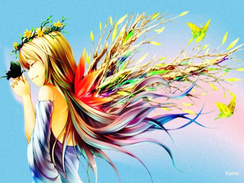 Anime Girl with Colorful Hair — Blue, Serene, Spring