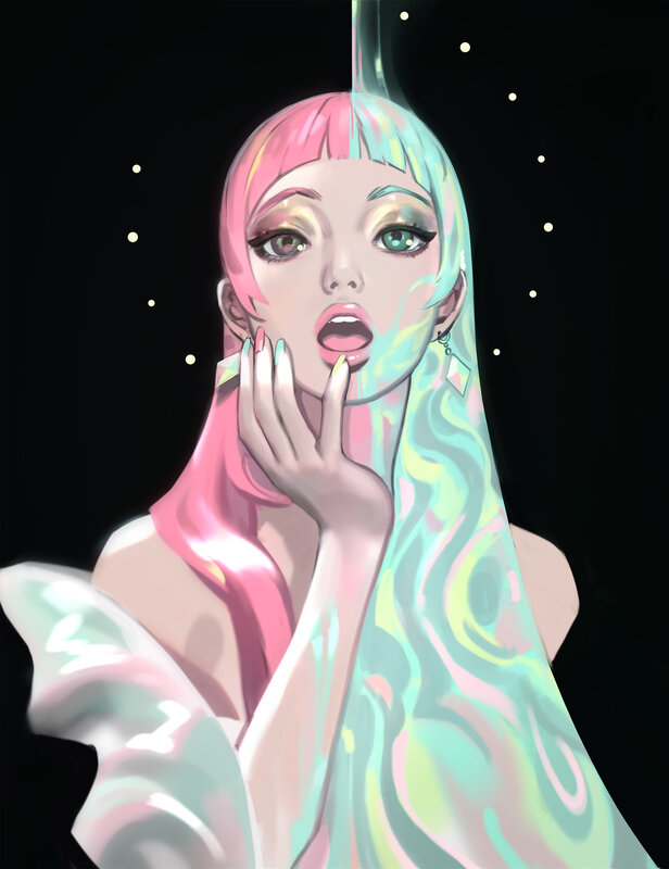 Anime Girl with Colorful Hair — Pink, Dramatic, Night