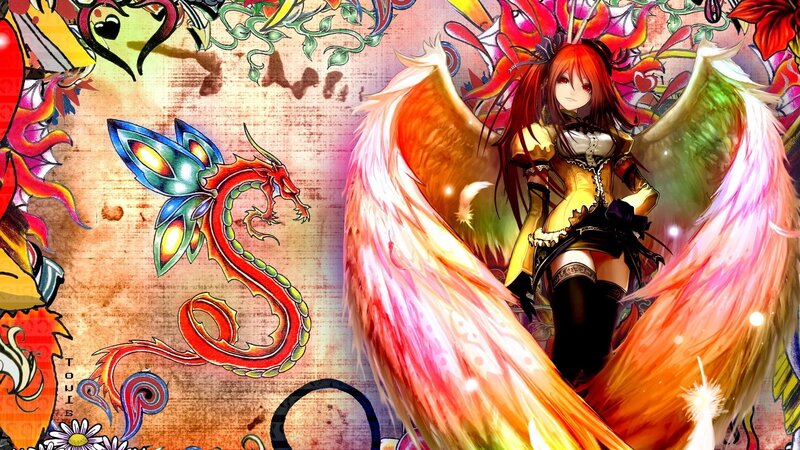 Anime girl with colorful wings