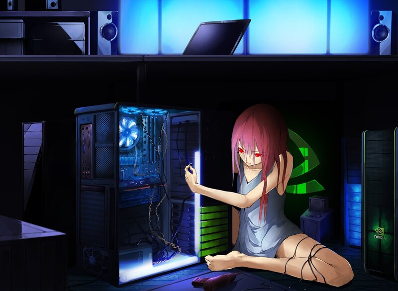 Anime Girl with Computer — Blue