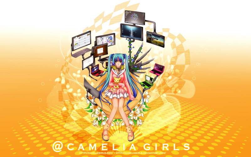 Anime Girl with Computers — Orange