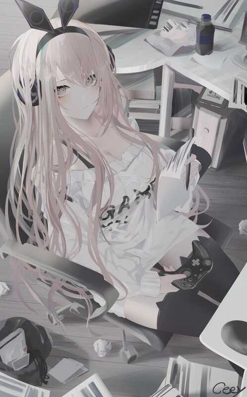 Anime Girl with Controller — White