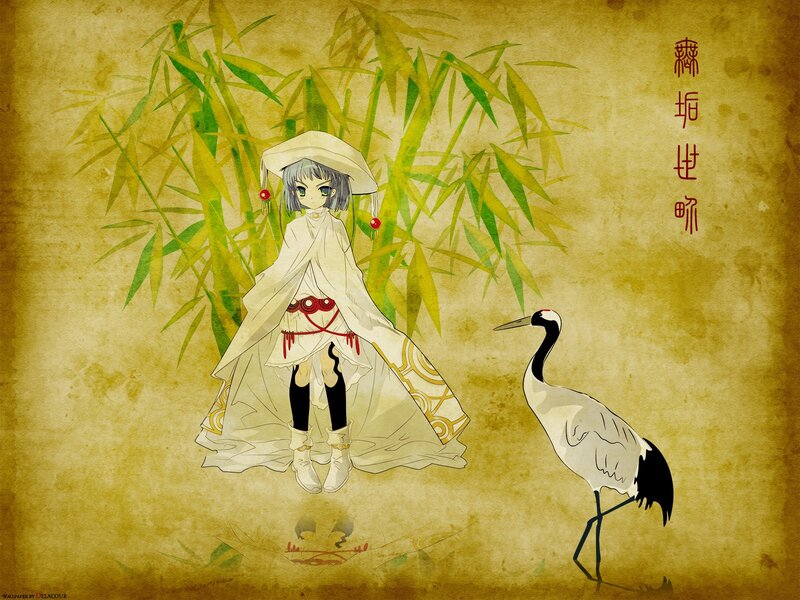 Anime girl with crane and bamboo