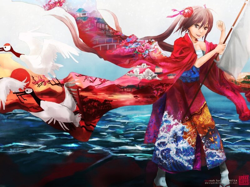 Anime girl with crane and kimono