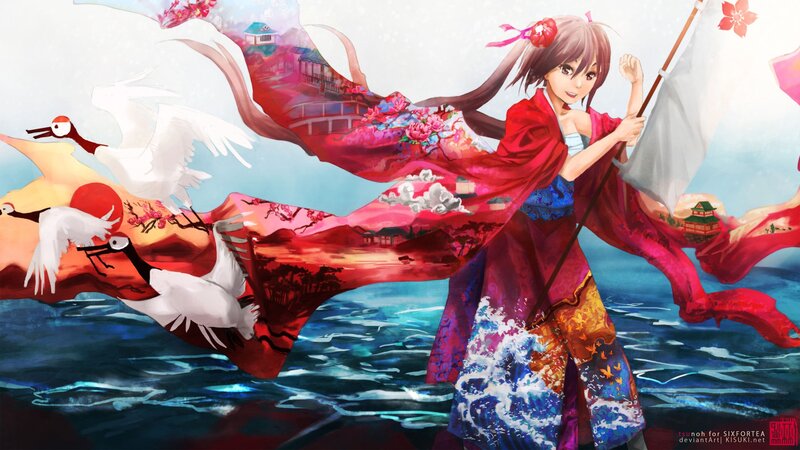 Anime girl with cranes and flag