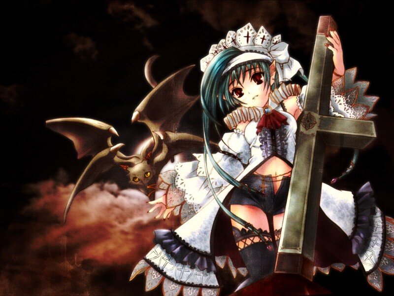 anime girl with cross and bat