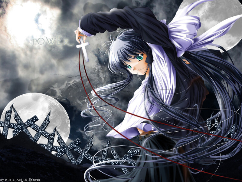 anime girl with cross and moon