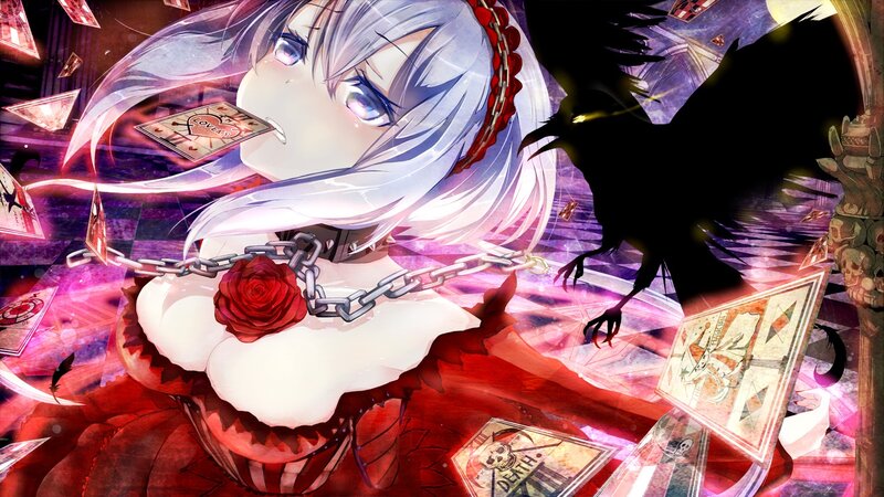 anime girl with crow and cards