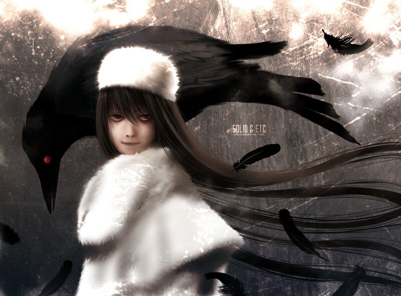 Anime girl with crow and feathers